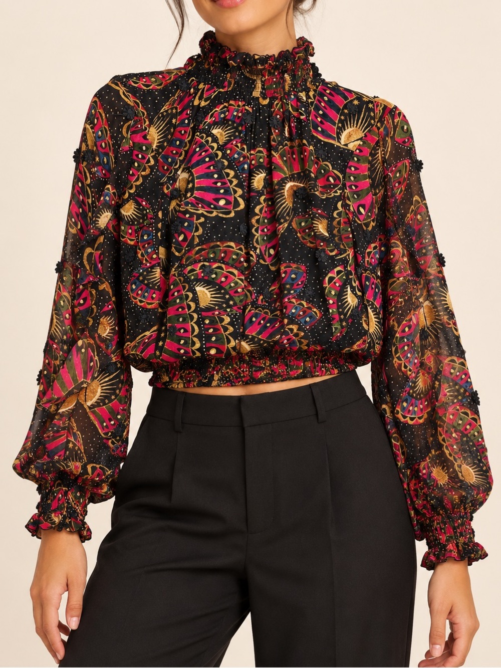 FARM Rio Butterfly Sky Blouse Size Small Navy Blur Smocked Ruffle Cropped Top